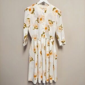 Vintage Daisy Floral Print Button Front Pleated Midi Dress FLAWS Mod Retro 70s‎